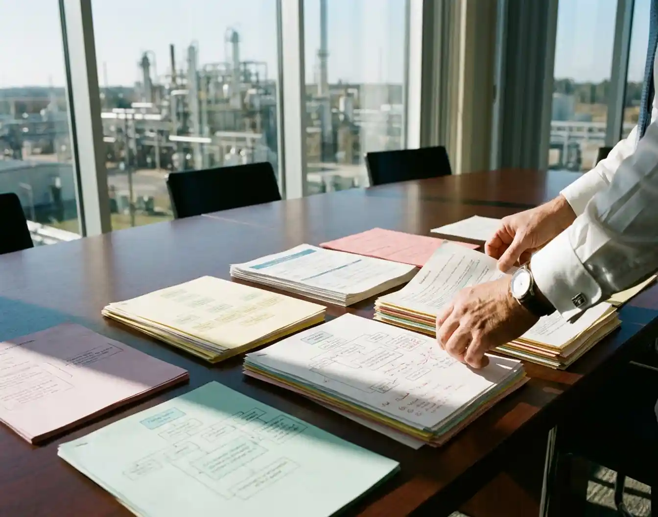 Zakelijke handen organiseren productiewerkstroom documenten op conferentietafel in modern kantoor