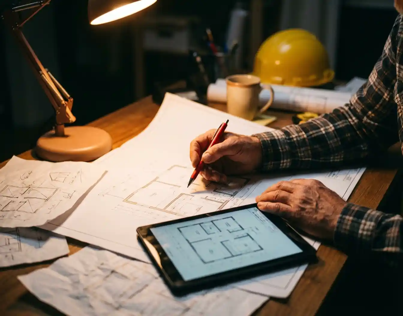 Bouwmanager houdt rode pen boven architecturale blauwdrukken met tablet en veiligheidshelm op bureau