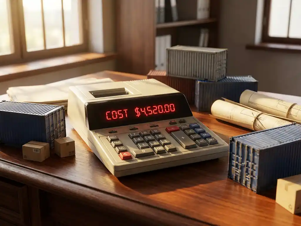 Calculator met kostencijfers op houten bureau omringd door miniatuur zeecontainers en supply chain diagrammen