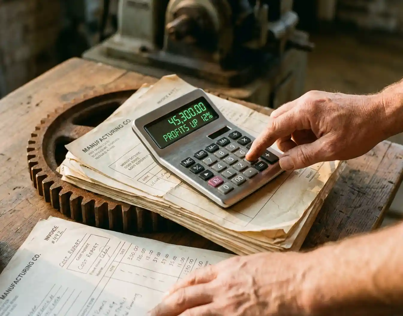 Moderne calculator op stapel facturen en kostenrapporten met handen die ernaar reiken op houten bureau