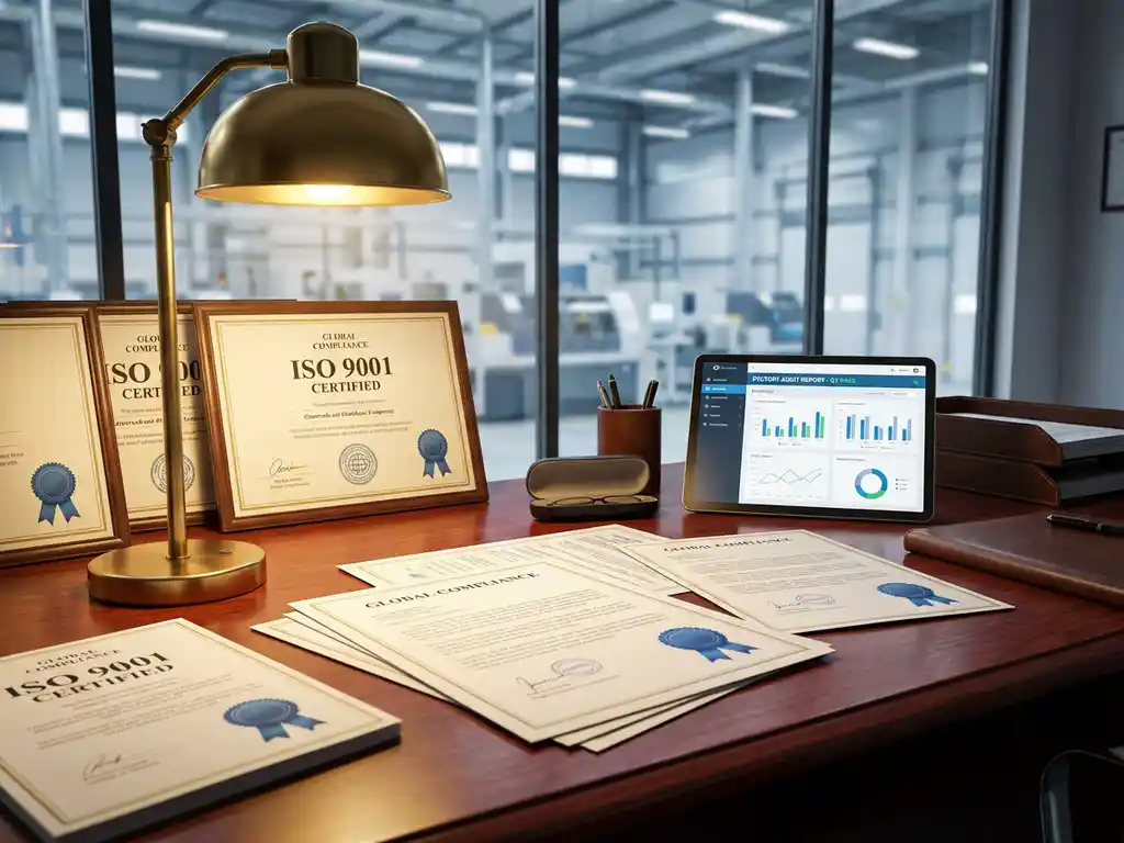 ISO-certificaten en kwaliteitsbadges op mahoniehout bureau met tablet die fabrieksauditresultaten toont onder gouden bureaulamp