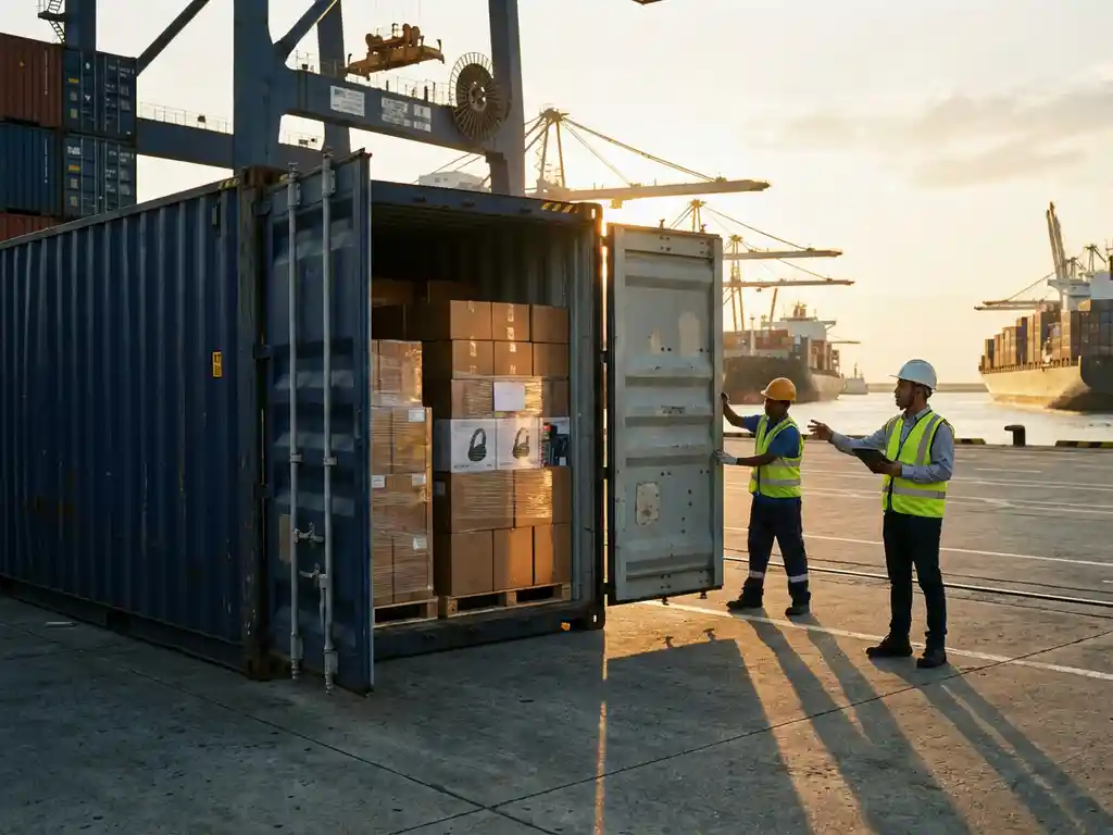 Logistiek coördinator met tablet inspecteert geopende zeecontainer vol georganiseerde producten op internationale haven bij zonsondergang