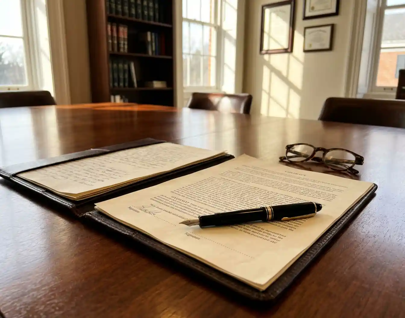 Open contractmap met handtekening pagina en vulpen op mahonie vergadertafel in professioneel kantoor