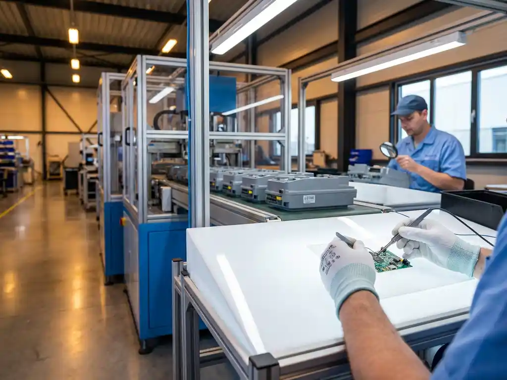 Fabriekswerker assembleert elektronische componenten op witte productielijn met geautomatiseerde machines op achtergrond