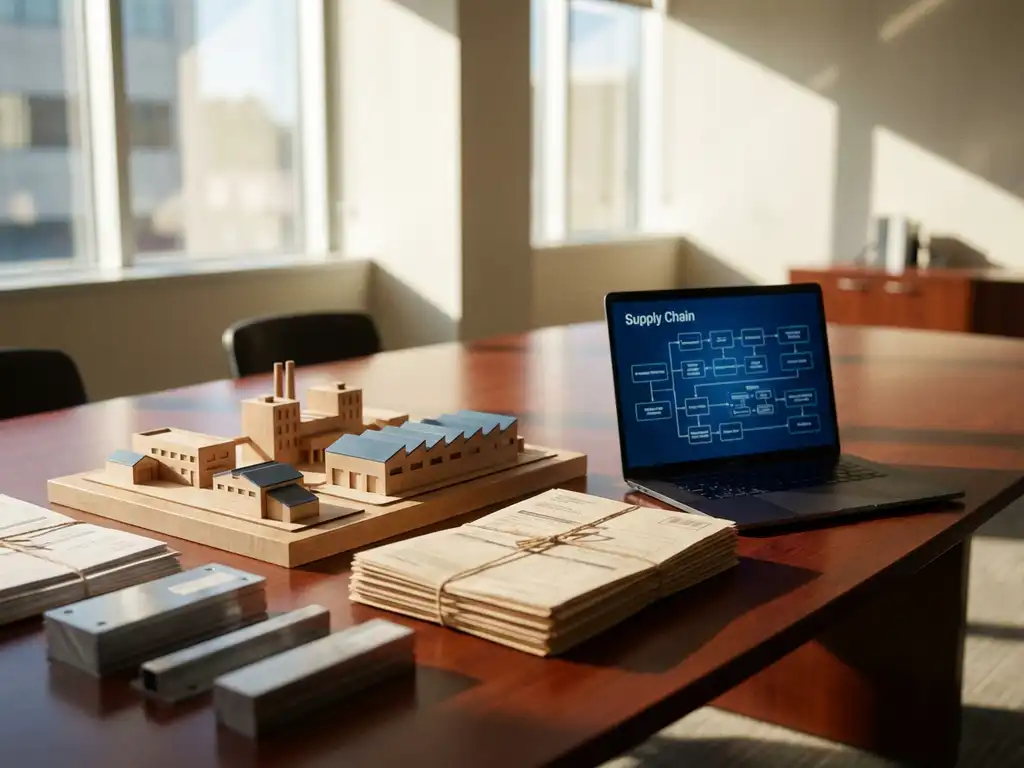 Houten conferentietafel met architectuurmodel van fabriekcomplex, internationale verzendingsdocumenten en laptop met supply chain diagrammen