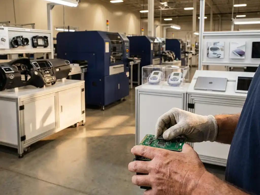 Fabrieksarbeider assembleert elektronische componenten aan moderne productielijn met automotive onderdelen en medische apparaten