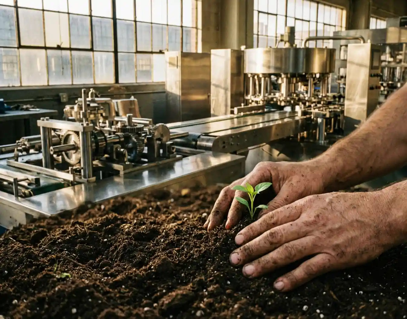 Fabrieksarbeider plant groene zaailing in donkere aarde binnen industriële productiehal met stalen machines op achtergrond