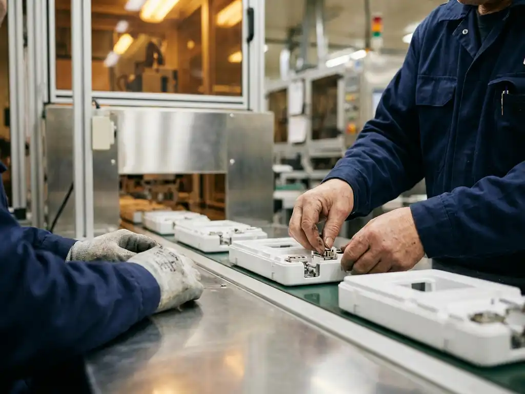 Fabrieksarbeider assembleert precisiecomponenten op transportband in moderne productiefaciliteit met roestvrijstalen apparatuur