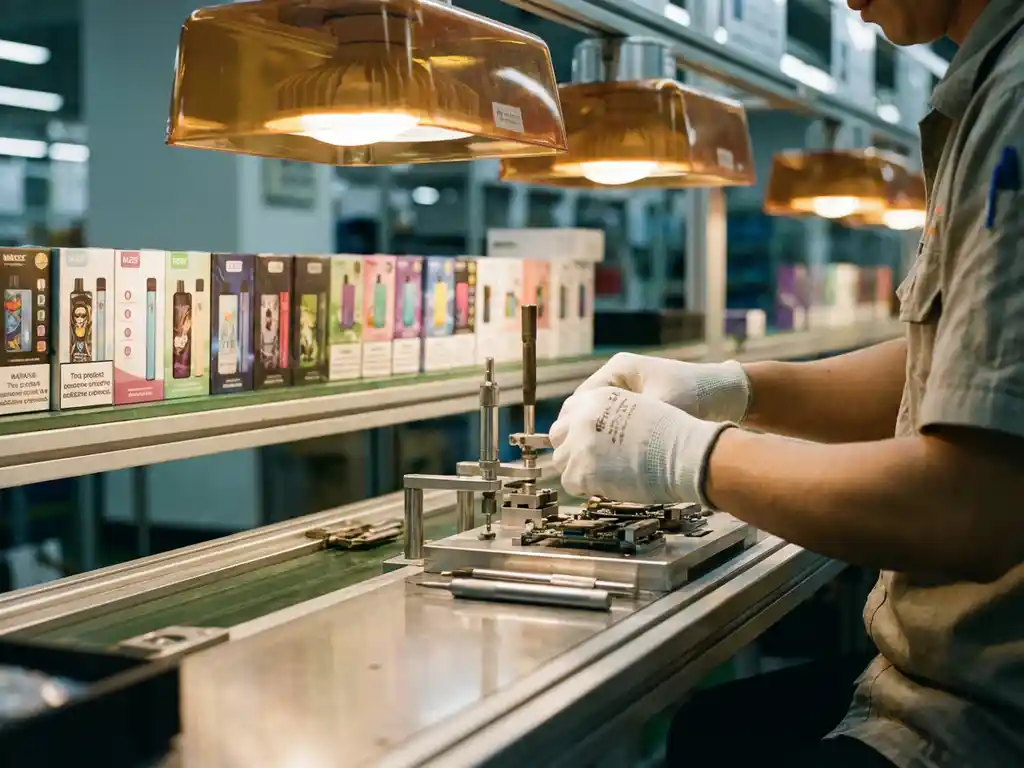 Fabrieksarbeider assembleert precisieonderdelen op productielijn met consumentenproducten op achtergrond