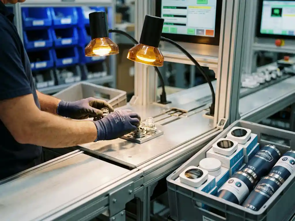 Fabrieksarbeider assembleert precisiecomponenten op moderne productielijn met huishoudelijke artikelen en promotionele goederen