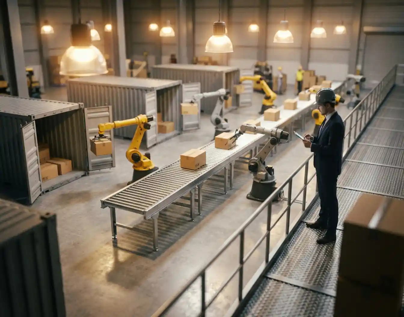 Moderne magazijnvloer met geautomatiseerd transportsysteem, robotarmen en supervisor die logistieke operatie observeert