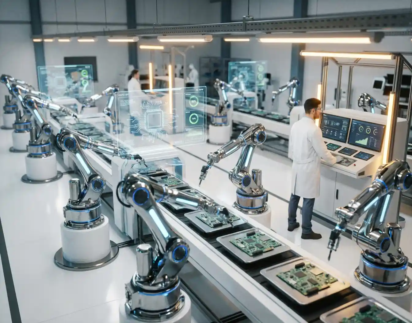 Geautomatiseerde productiefaciliteit met robotarmen die elektronische componenten assembleren, technicus monitort schermen