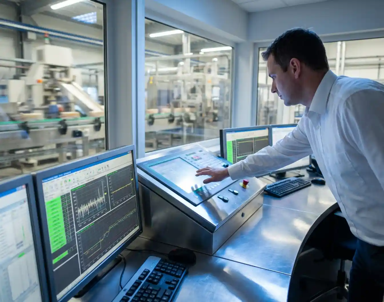 Technicus bedient controlepaneel in moderne industriële controlekamer met meerdere monitoren en productiedata