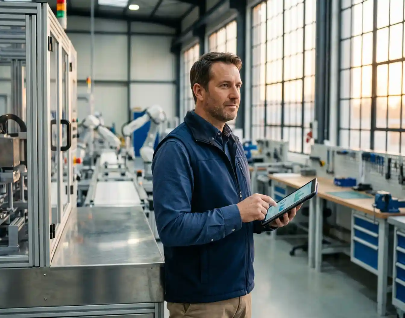 Supervisor bekijkt productiegegevens op tablet in moderne industriële werkplaats met gestroomlijnde assemblagelijn