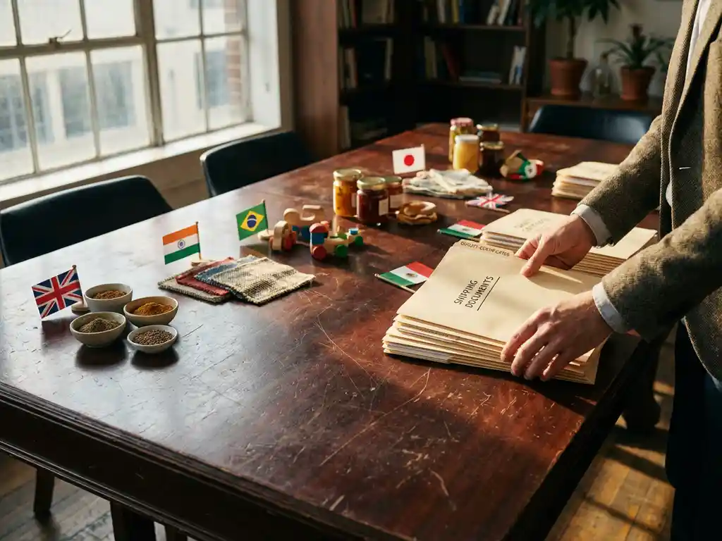 Professionele handen organiseren verzendingsdocumenten en kwaliteitscertificaten bij houten conferentietafel met kleurrijke productmonsters gemarkeerd met internationale vlaggetjes