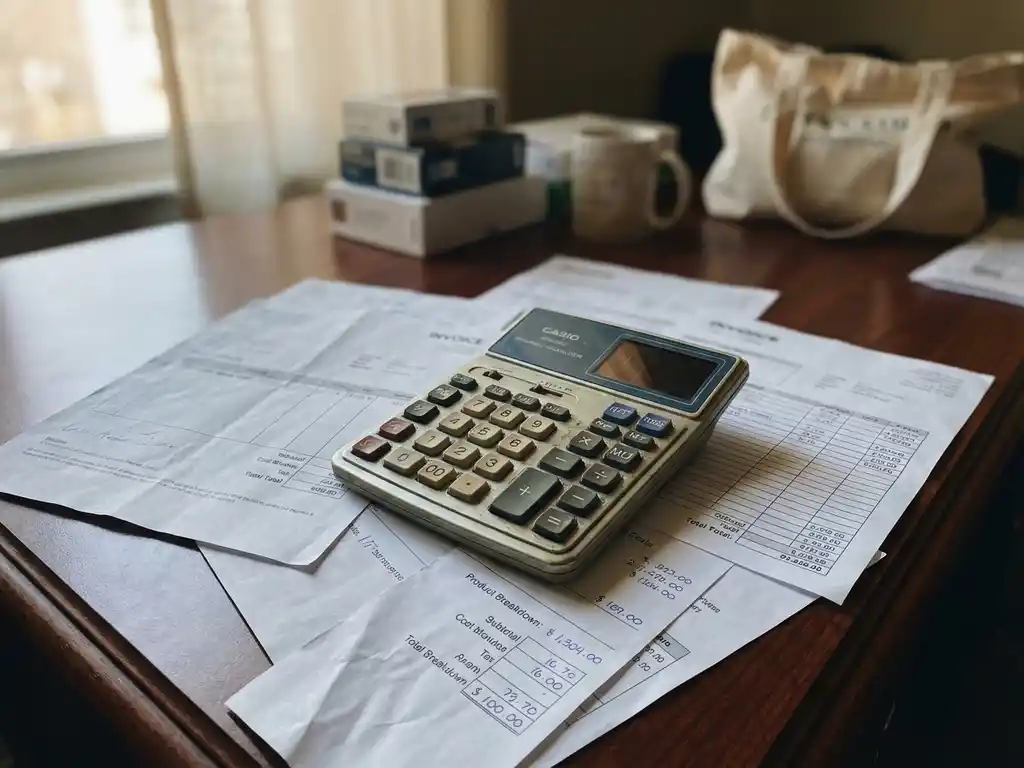 Calculator op houten bureau omringd door facturen en kostenanalyses met consumentenproducten op de achtergrond