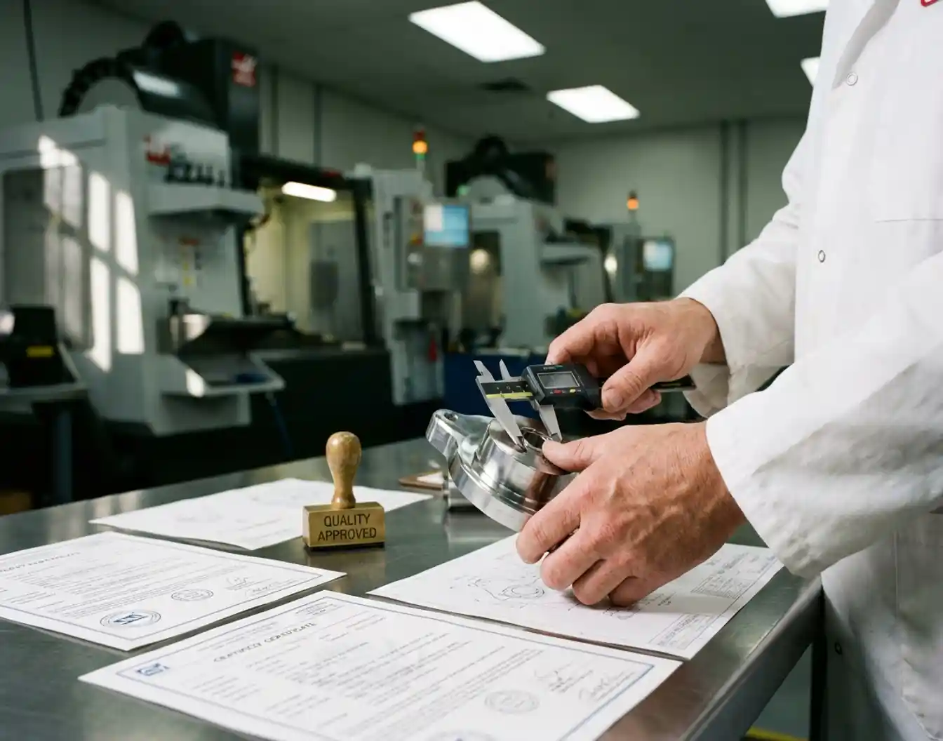 Kwaliteitscontroleur in witte jas onderzoekt metalen onderdeel met precisie-meetinstrumenten in moderne productiefaciliteit