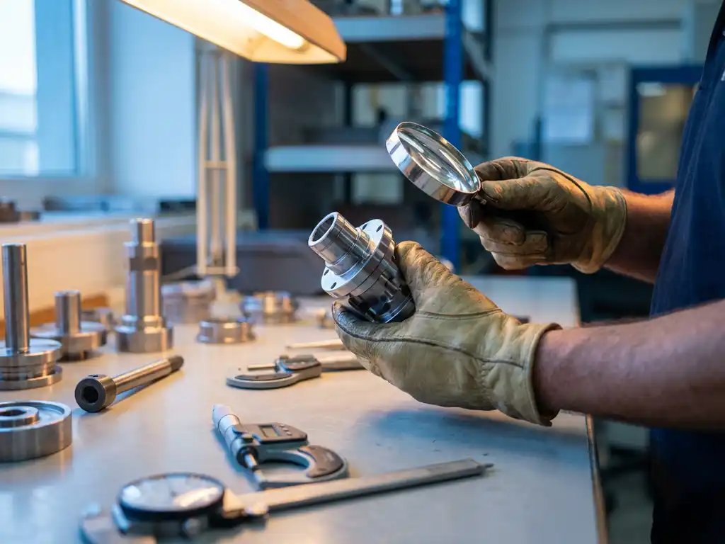 Kwaliteitsinspecteur onderzoekt precisiecomponent met vergrootglas op fabriekswerkbank met meetinstrumenten