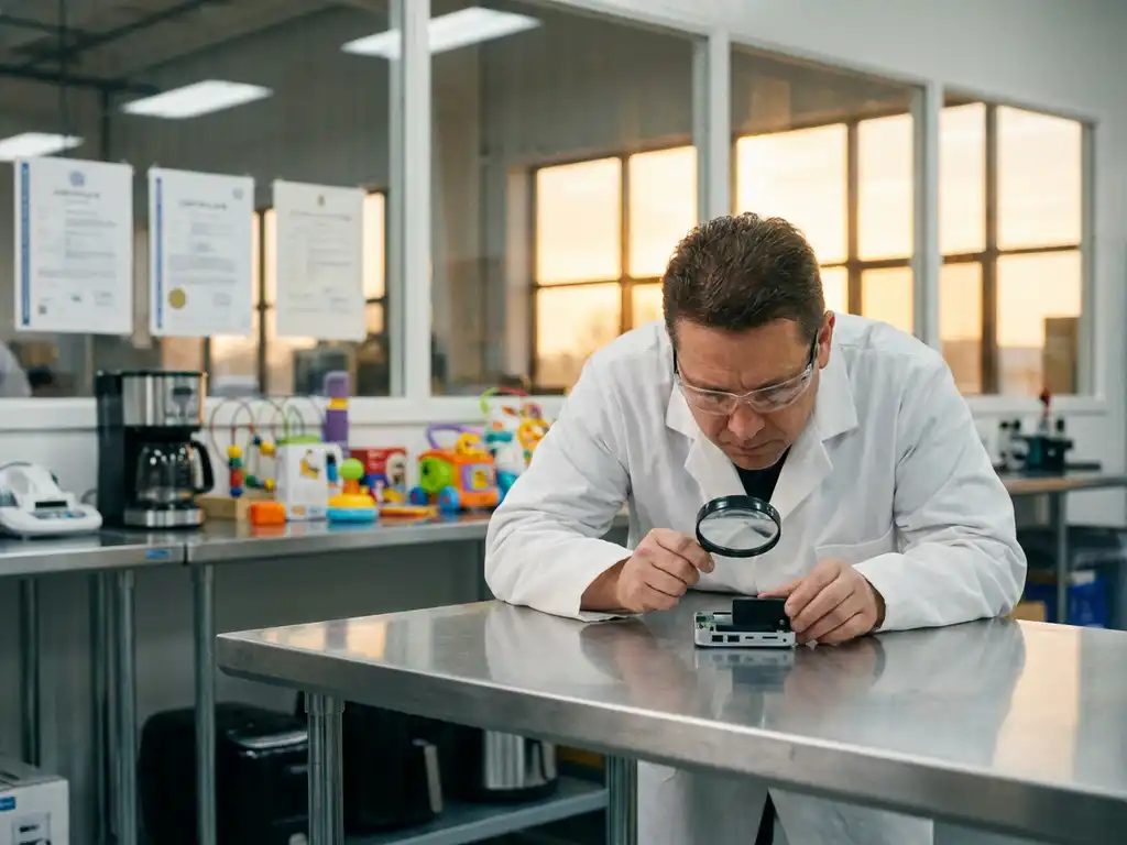 Kwaliteitscontroleur in witte laboratoriumjas onderzoekt consumentenproduct met vergrootglas op roestvrijstalen tafel
