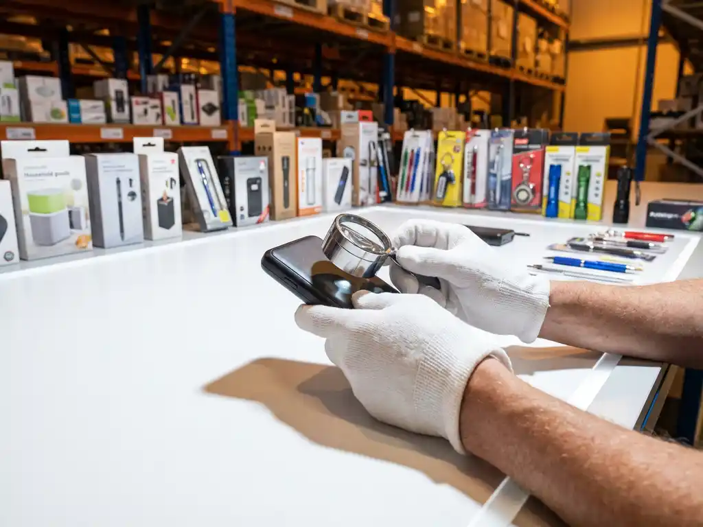 Kwaliteitsinspecteur onderzoekt klein consumentenproduct met vergrootglas op witte inspectietafel in magazijn