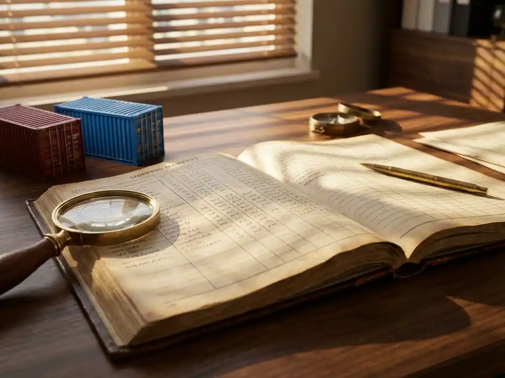 Verzendmanifest spreadsheet op houten bureau naast miniatuur vrachtcontainers en vergrootglas, met zonlicht door jaloezieën