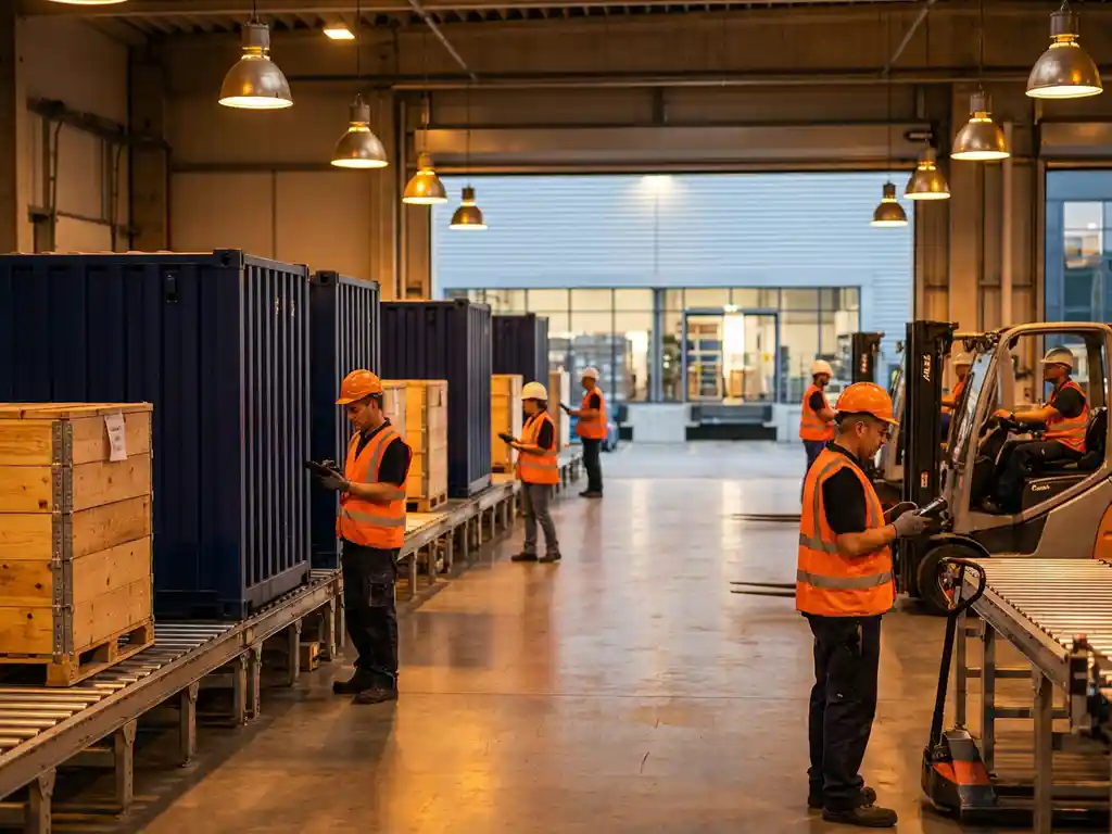 Fabriekshal met georganiseerde rijen zeecontainers en houten kratten die naar moderne laaddok stromen, arbeiders in veiligheidsvesten coördineren goederenverplaatsing