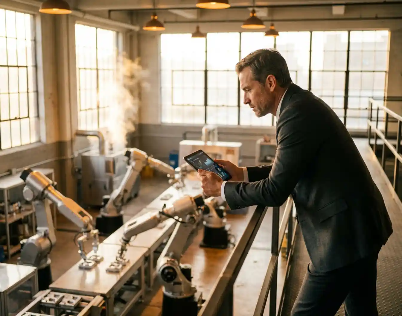 Zakenman met tablet observeert geautomatiseerde productielijn met robotarmen in moderne fabriek