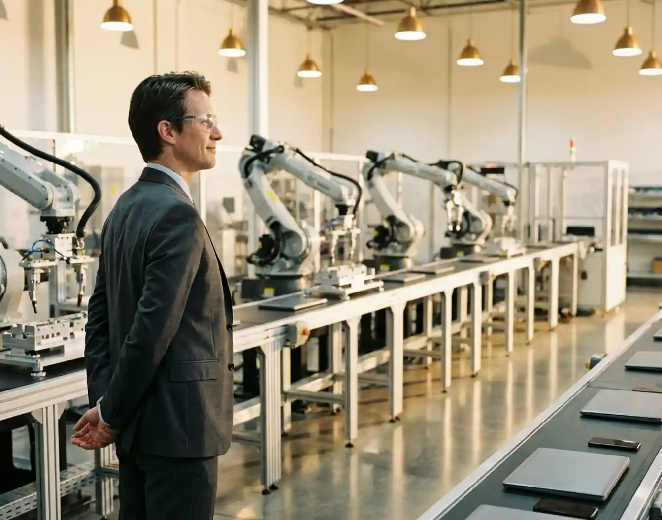 Zakenman in pak observeert geautomatiseerde productielijnen met robotarmen in moderne fabriek