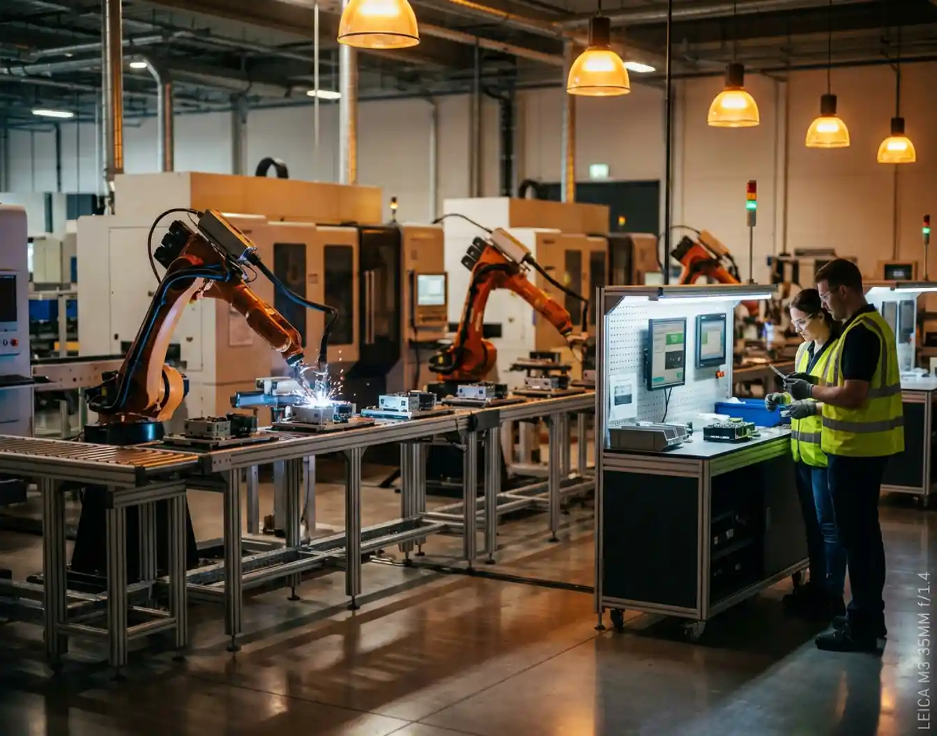 Moderne industriële fabrieksvloer met robotarmen die componenten assembleren terwijl technici kwaliteitscontrole uitvoeren