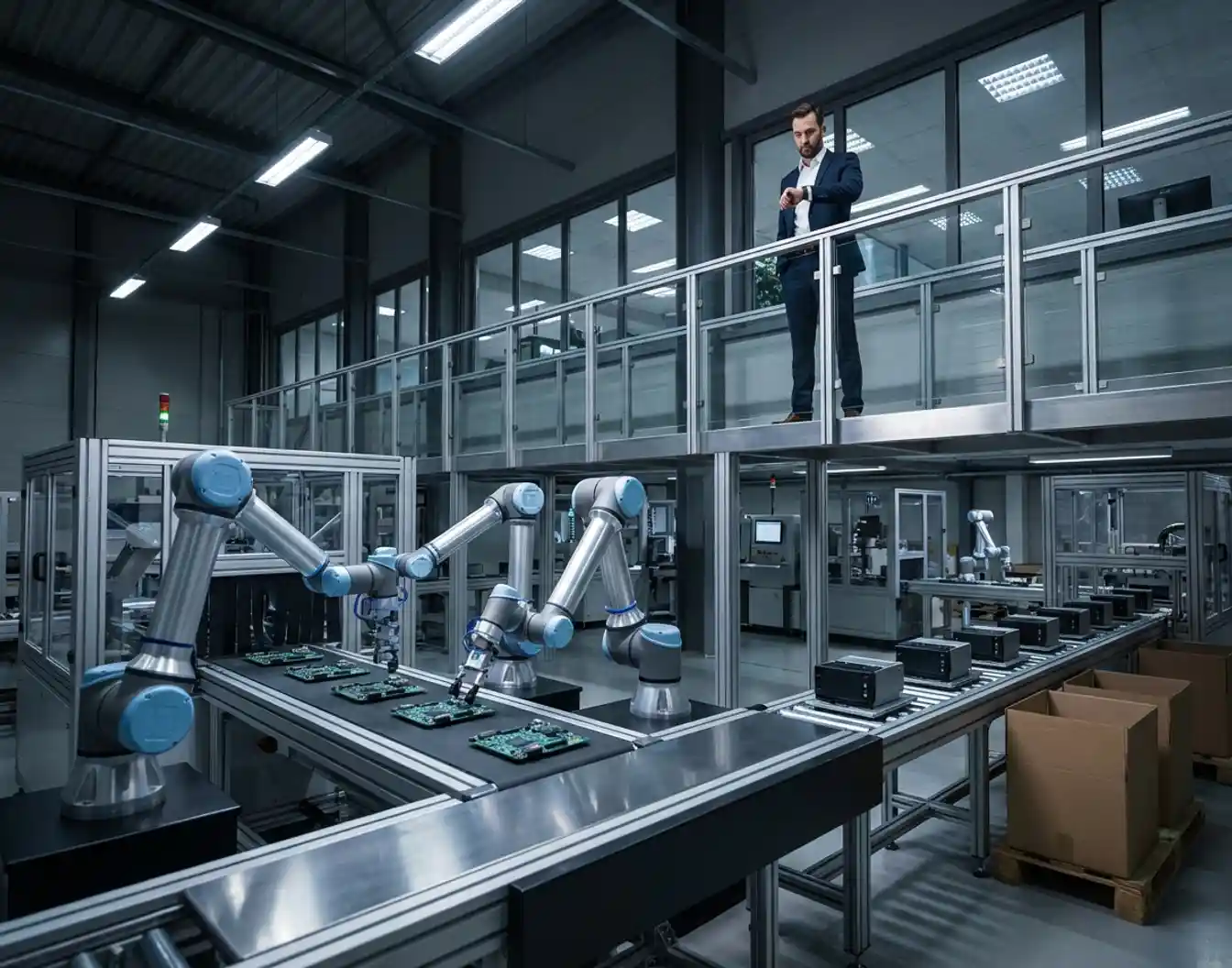 Zakenman observeert geautomatiseerde robotarmen die elektronische componenten assembleren in moderne fabriek