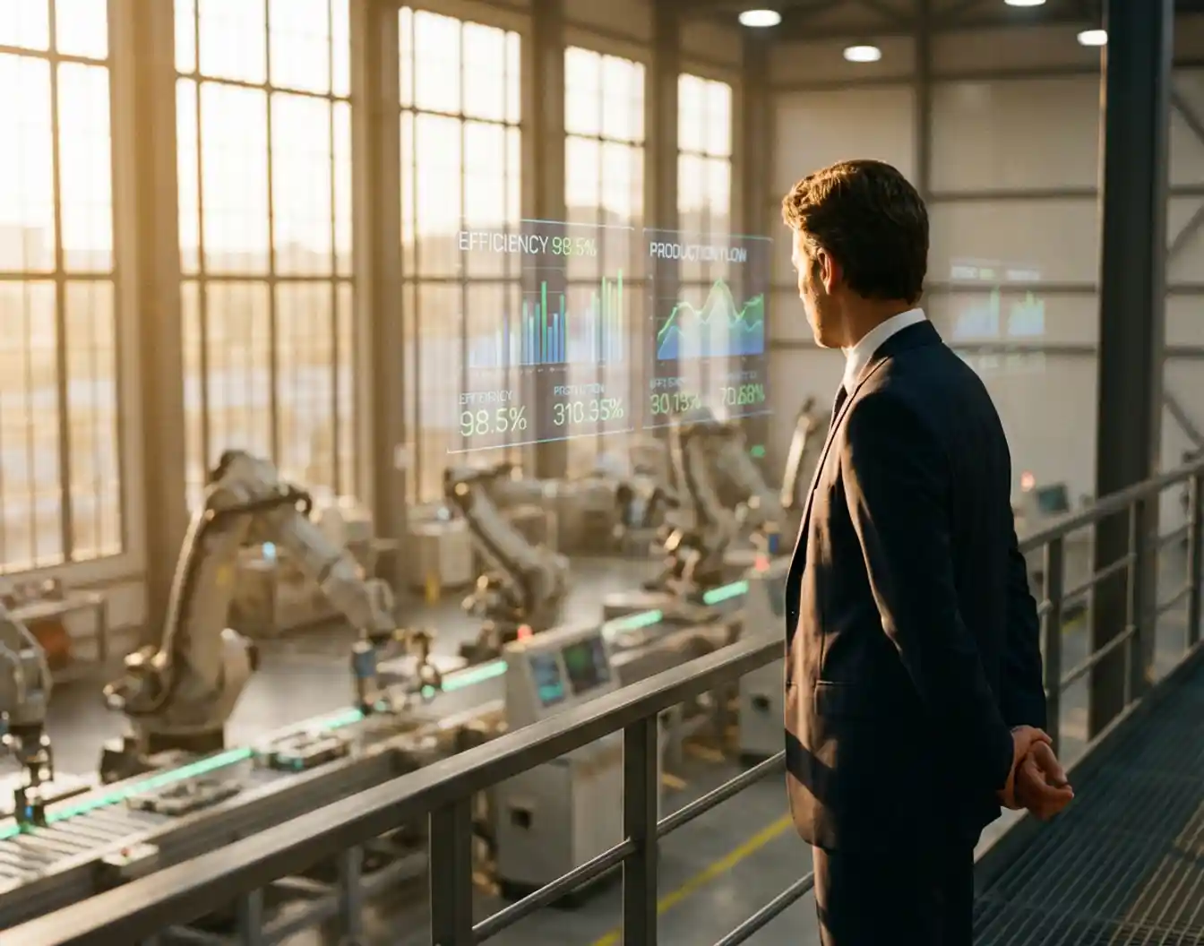 Zakelijk directeur observeert geautomatiseerde robotassemblagelijnen in moderne fabriek met holografische data-displays