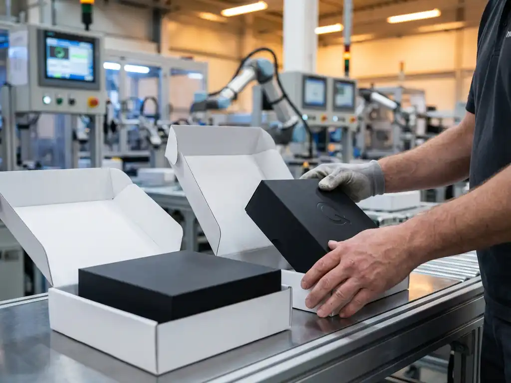 Fabrieksarbeider plaatst merkproduct in witte verpakking naast ongemerkt item op stalen productielijn