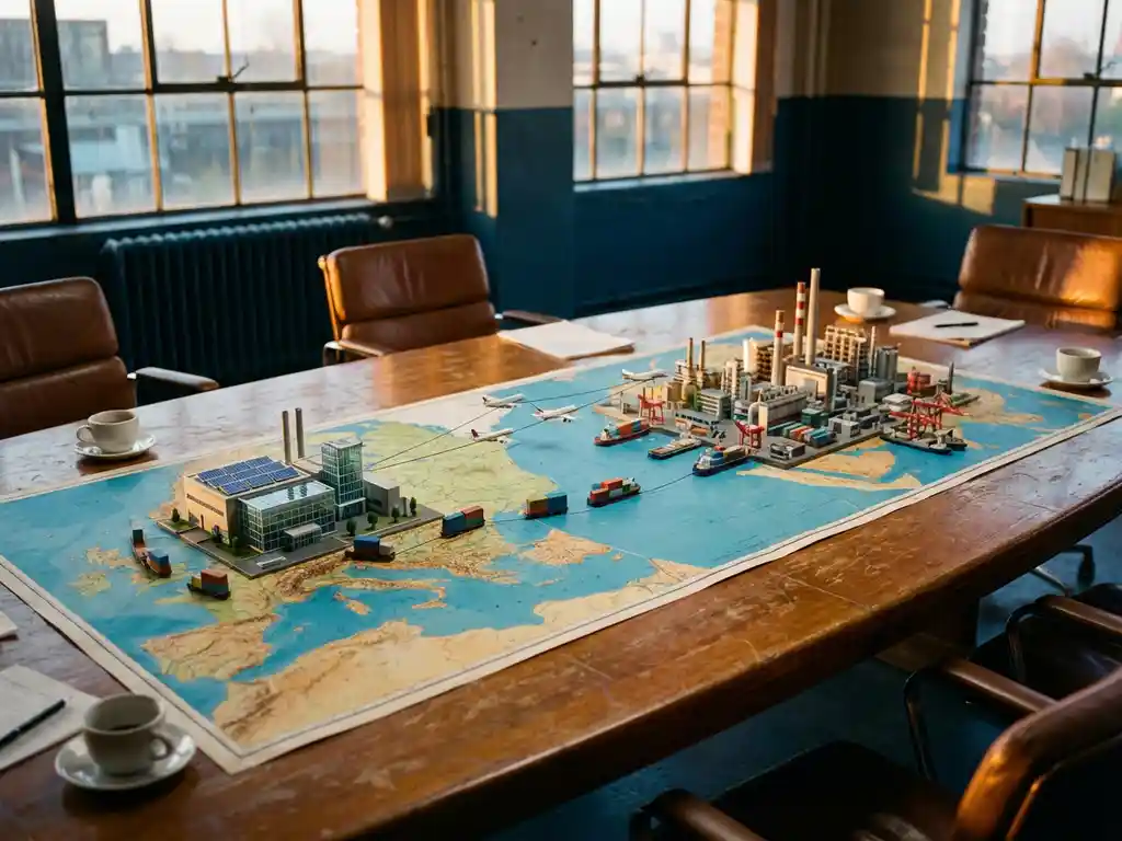 Wereldkaart op houten vergadertafel met Europese en Aziatische fabriekmodellen verbonden door vrachtcontainers en vliegtuigen