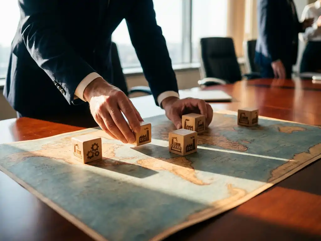 Zakenman plaatst houten blokken met fabriekssymbolen op wereldkaart, vertegenwoordigt internationale productie partners