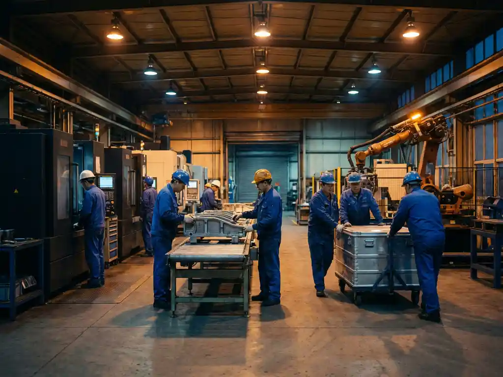 Drukke productievloer met meerdere assemblagelijnen, draaiende machines en arbeiders die apparatuur herpositioneren onder warme industriële verlichting