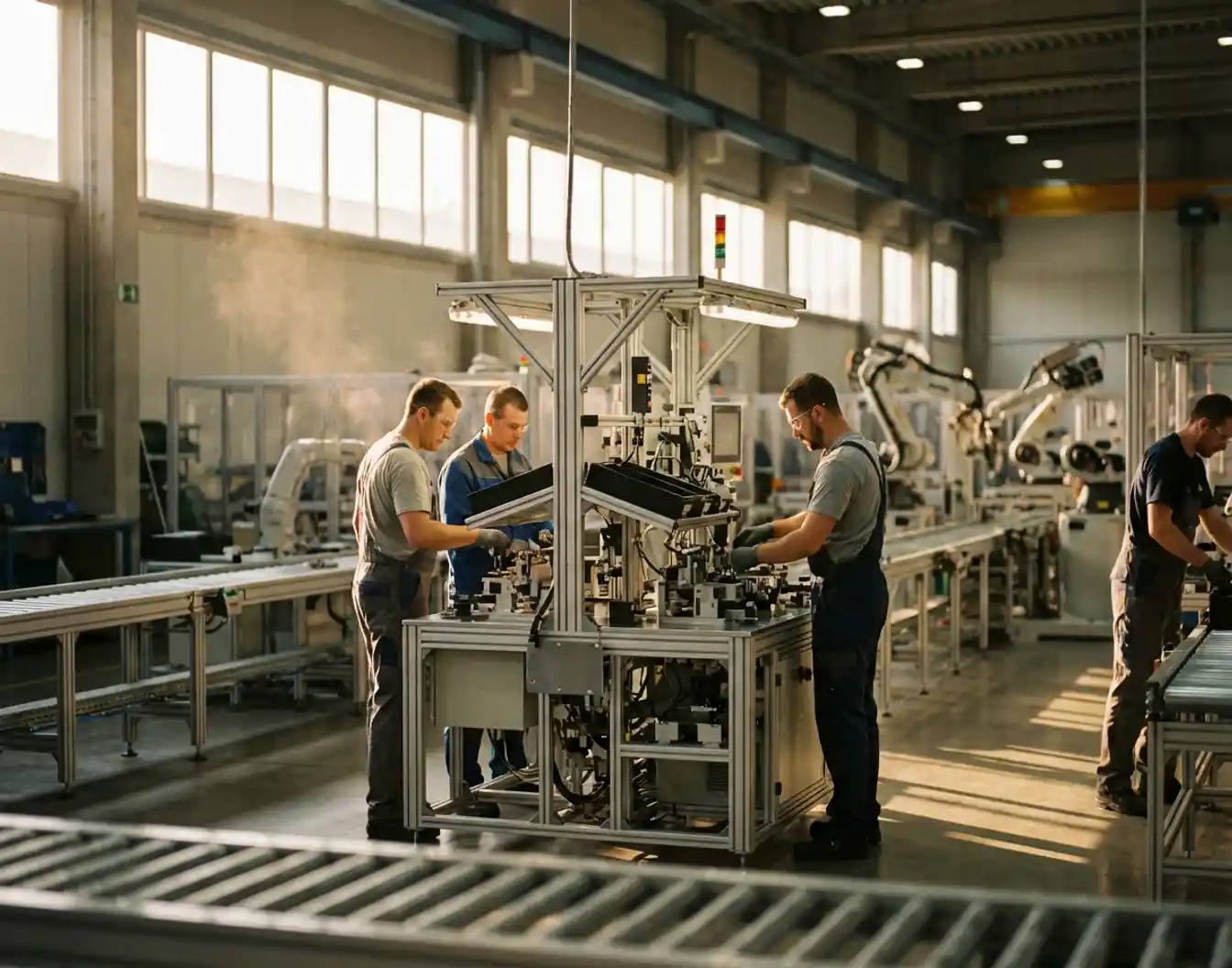 Moderne industriële productiefaciliteit met geïntegreerde assemblagelijn en werknemers in gouden licht