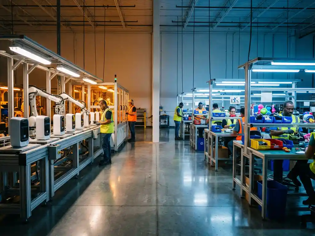 Moderne fabrieksvloer met gespecialiseerde assemblagelijn voor witte producten en flexibele werkstations voor kleurrijke items