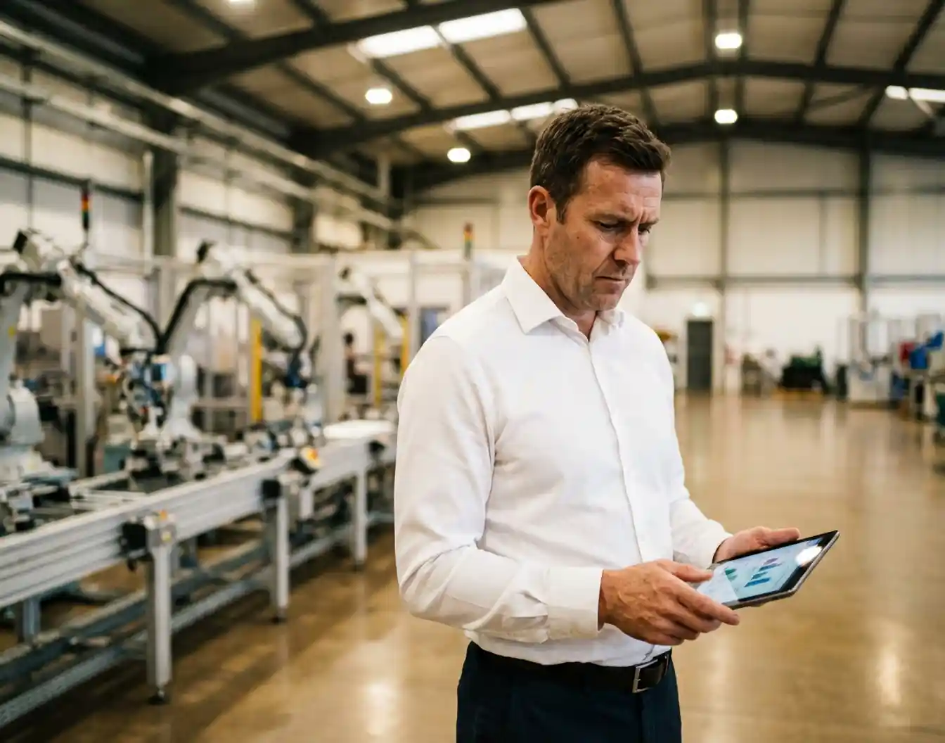 Productiemanager in wit overhemd bekijkt rapporten met tablet naast moderne assemblagelijn in fabriek