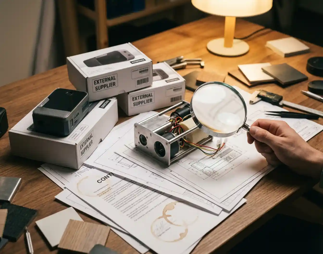 Professioneel bureau met productprototype, kwaliteitscontrole vergrootglas, technische documenten en leverancierscontracten