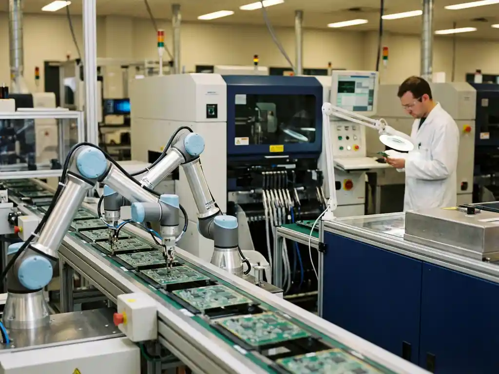 Robotarmen assembleren elektronische componenten op moderne productielijn terwijl kwaliteitscontroleur in witte jas eindproducten inspecteert