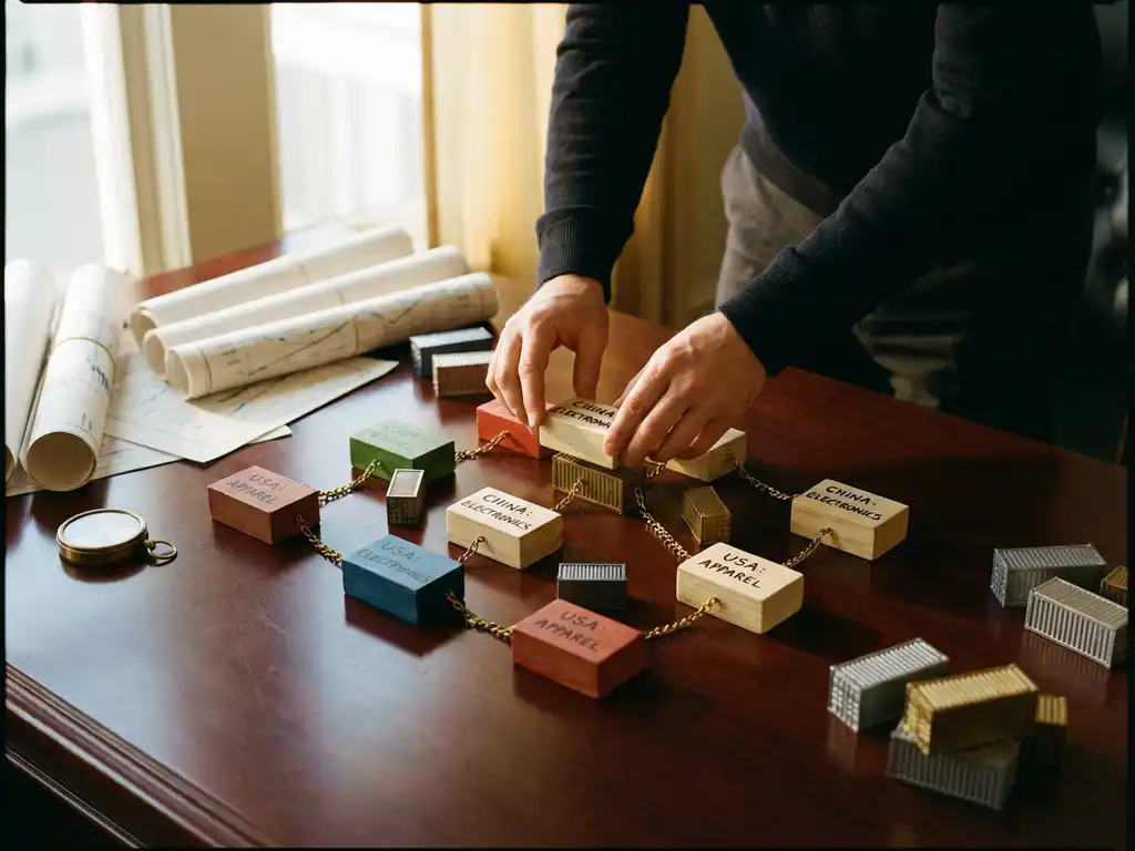 Professionele handen rangschikken kleurrijke houten blokken met landennamen op mahoniehout bureau, omringd door miniatuur zeecontainers en kompas