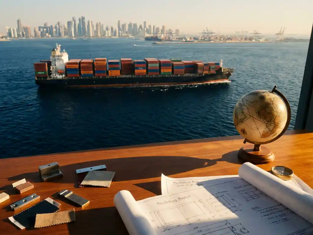 Vrachtschip met kleurrijke containers vaart naar moderne stadshaven, houten bureau toont productmonsters en wereldbol