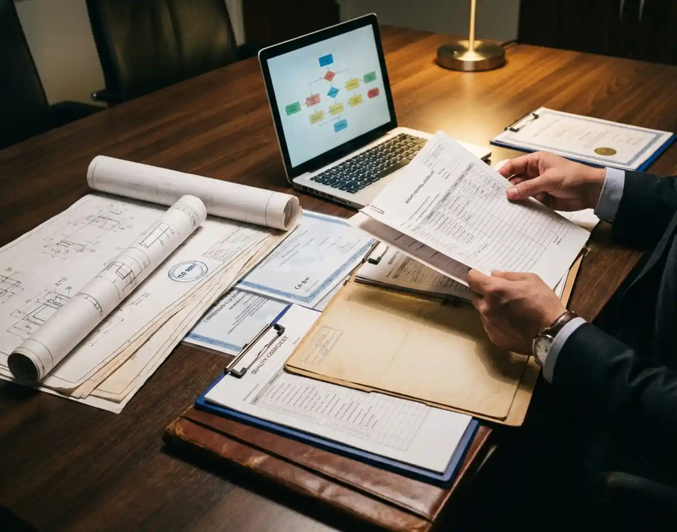 Zakelijke consultant ordent servicedocumenten en certificaten op vergadertafel met laptop en blauwdrukken