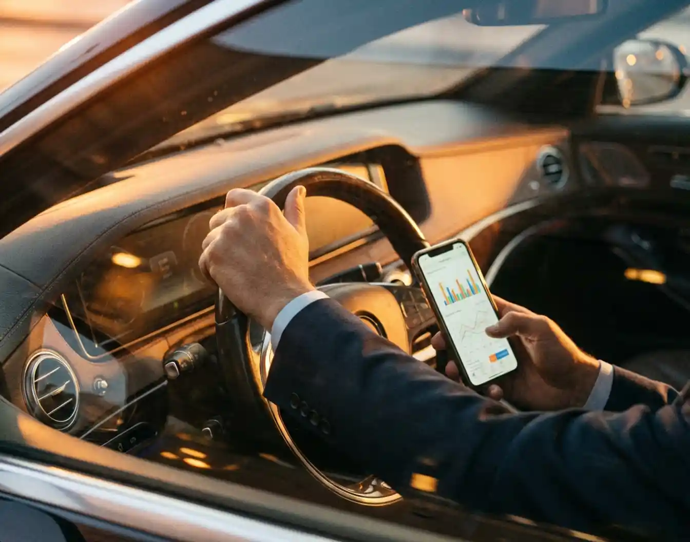 Zakenman houdt stuur en smartphone met grafieken vast in luxe auto tijdens gouden uur