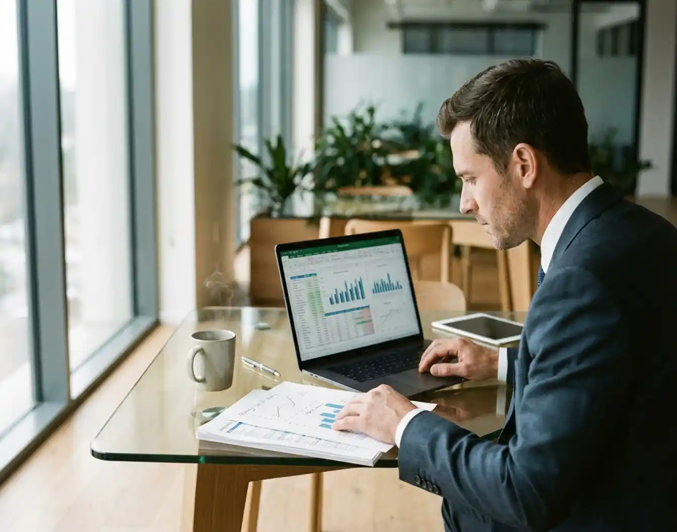 Zakelijke executive bekijkt productierapporten op laptop met grafieken en koffie op glazen bureau in kantoor