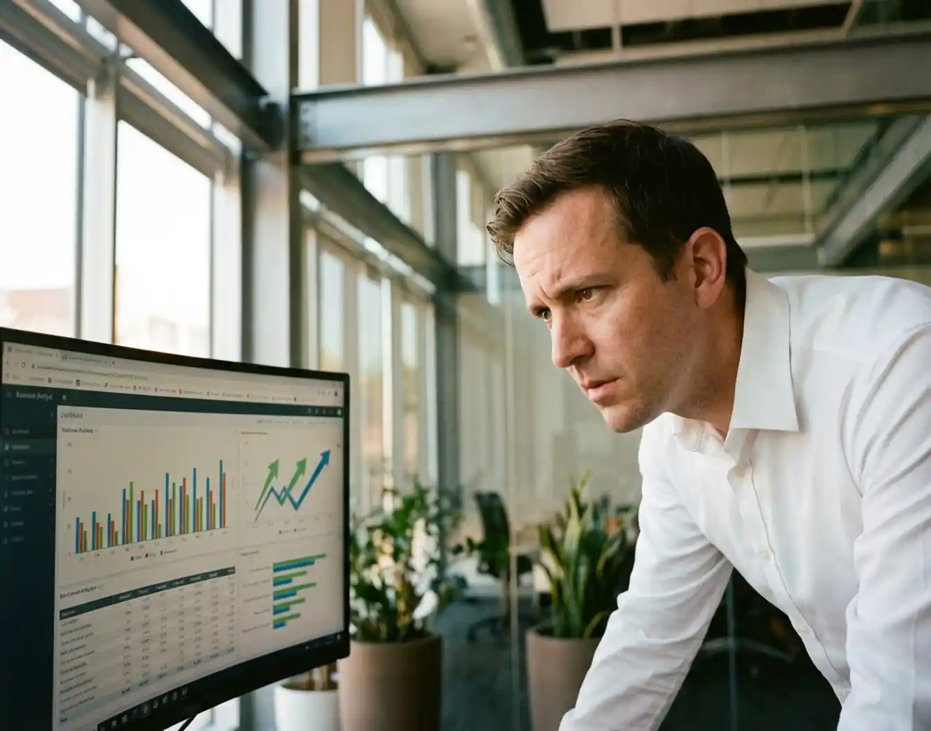 Bedrijfsanalist bekijkt prestatie-dashboard met stijgende grafieken op monitor in modern kantoor