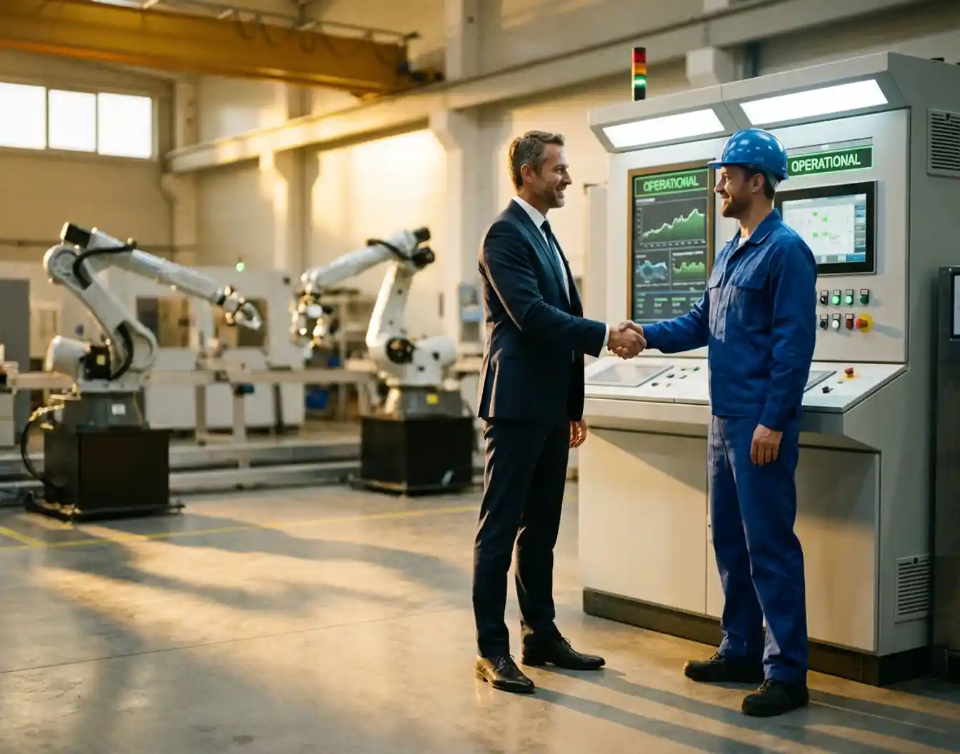 Zakelijke directeur en productieleider schudden handen bij geautomatiseerde machines op moderne fabriekshal