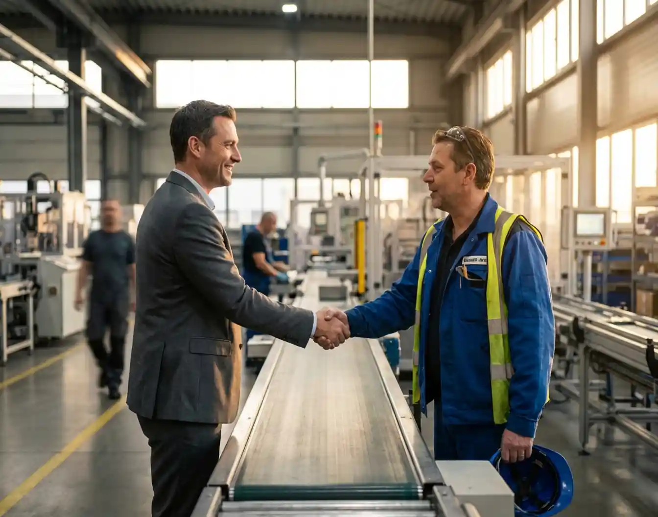 Zakenman en fabrieksmanager schudden handen in moderne productiefaciliteit, symbool van zakelijk partnerschap