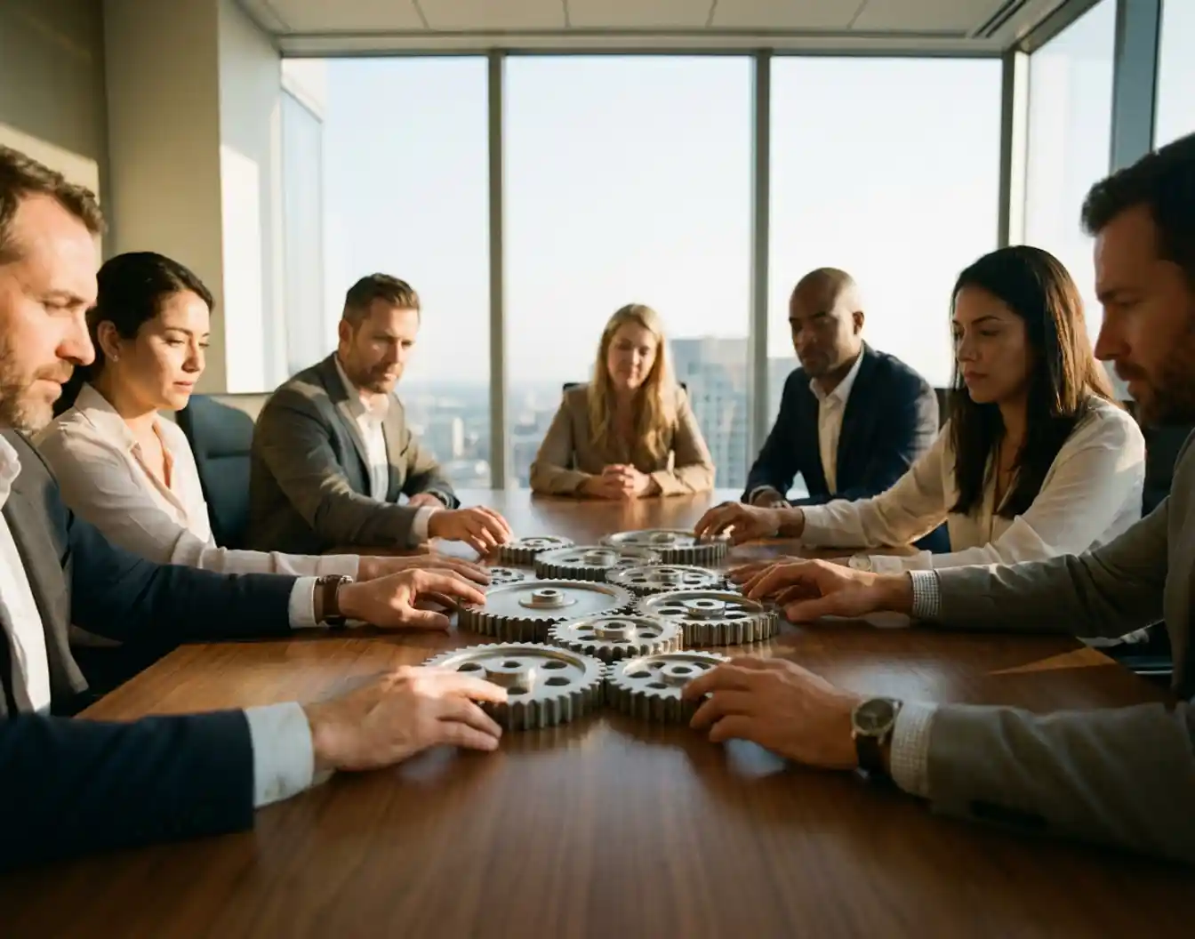 Professionals rond houten vergadertafel met metalen tandwielen die samenwerkende productieprocessen symboliseren