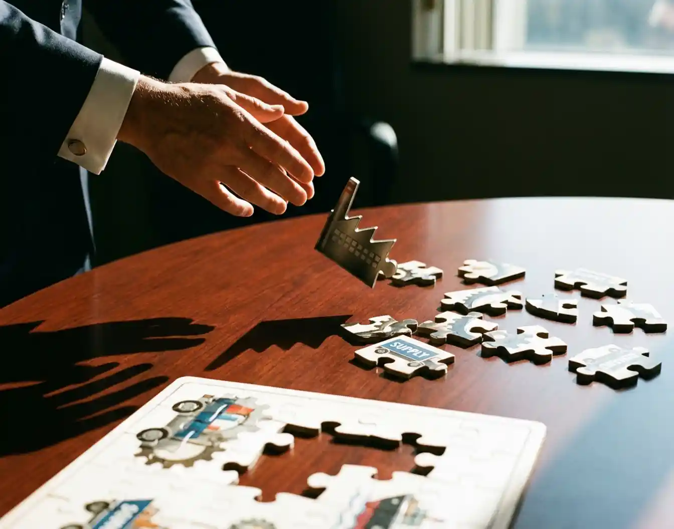 Zakenman laat fabrieksvormig puzzelstukje vallen van onvolledige bedrijfspuzzel op conferentietafel